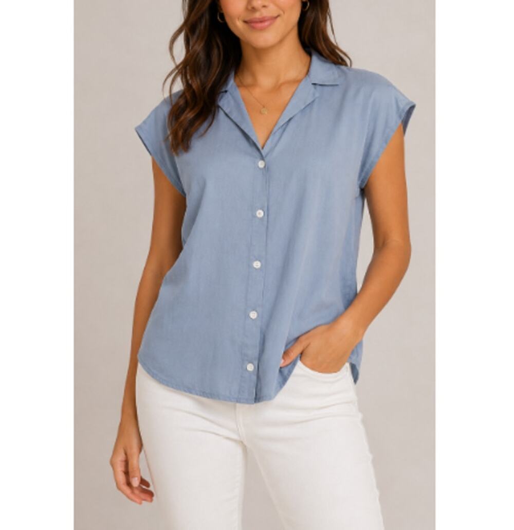 New TAHARI Women's Mid Steel Blue Camp Collar Blouse Top Size XS